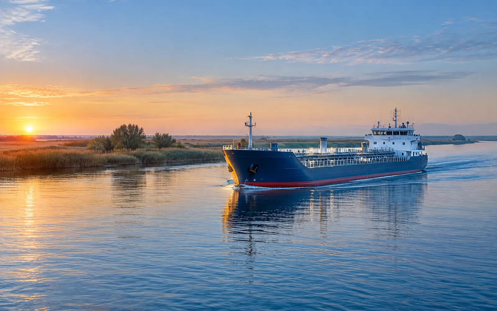 Судно &laquo;река-море&raquo; в дельте Волги на рассвете